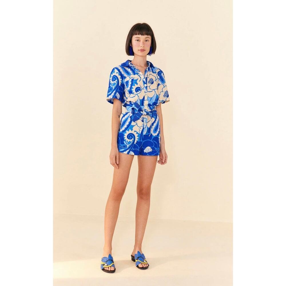 FARM Rio Blue and White Floral Short Jumpsuit
